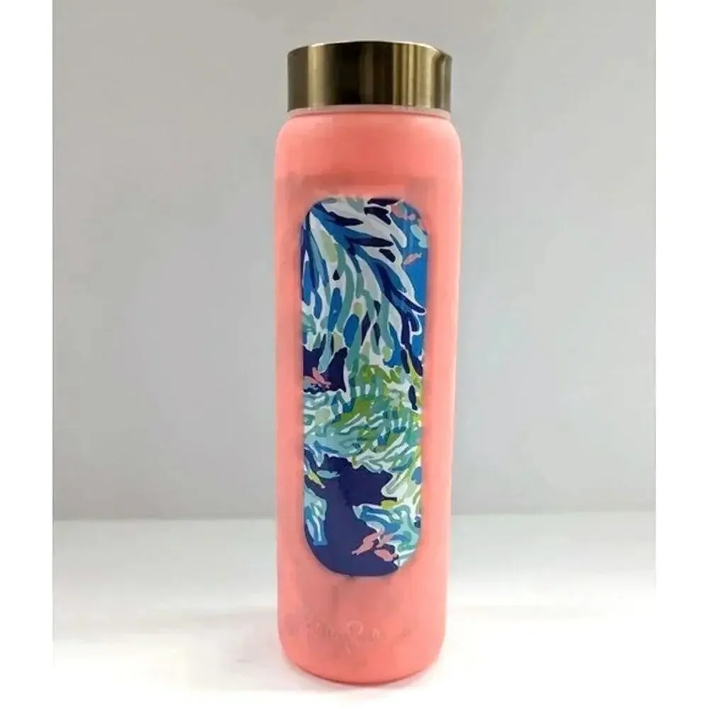 Lilly Pulitzer Eco-Friendly Coral Glass Water Bottle with Silicone Sleeve